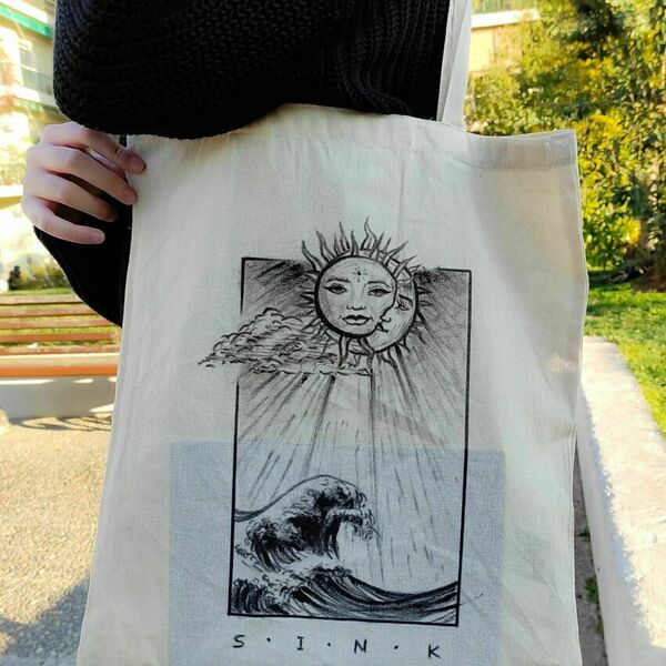 Tote Bag ▪️SunMoon▪️ _Πάνινη τσάντα ζωγραφισμένη στο χέρι - ύφασμα, ώμου, all day, tote, πάνινες τσάντες - 2