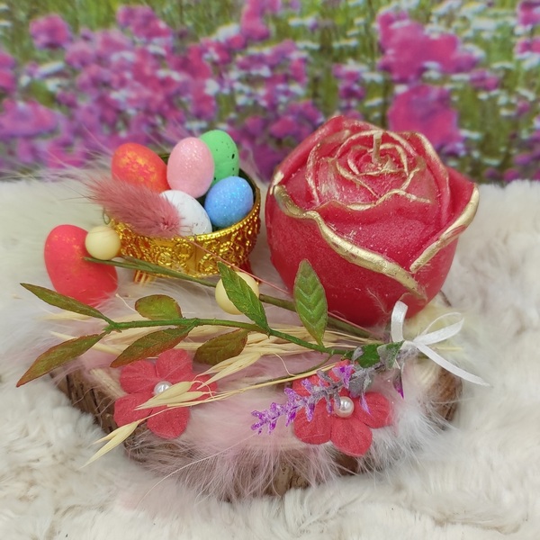 Πασχαλινή Σύνθεση με κερί τριαντάφυλλο σε κορμό ξύλου - διακοσμητικά, δώρο για πάσχα, πασχαλινή διακόσμηση, πασχαλινά δώρα - 4