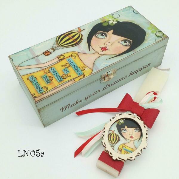 Χειροποίητο ξύλινο κουτί και λαμπάδα αρωματική 20 εκ. Vintage Girl - κορίτσι, λαμπάδες, για παιδιά