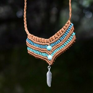 boho macrame necklace με κερομμένο κορδόνι ημιπολύτιμες χάντρες και μεταλλικό στοιχείο στο τελείωμα του - ημιπολύτιμες πέτρες, μακραμέ, μακριά, boho - 3