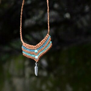 boho macrame necklace με κερομμένο κορδόνι ημιπολύτιμες χάντρες και μεταλλικό στοιχείο στο τελείωμα του - ημιπολύτιμες πέτρες, μακραμέ, μακριά, boho - 4