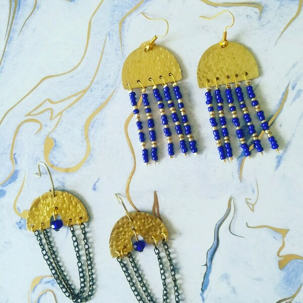 Σκουλαρίκια boho με χαντρες μπλε-χρυσό - ορείχαλκος, μακριά, boho, κρεμαστά, μεγάλα - 2