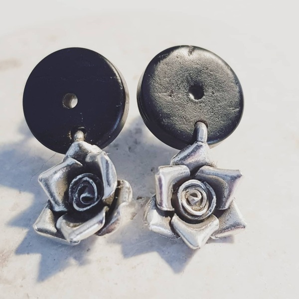 Σκουλαρίκια με ασημενια τριαντάφυλλα - ασήμι, ξύλο, μικρά, κρεμαστά