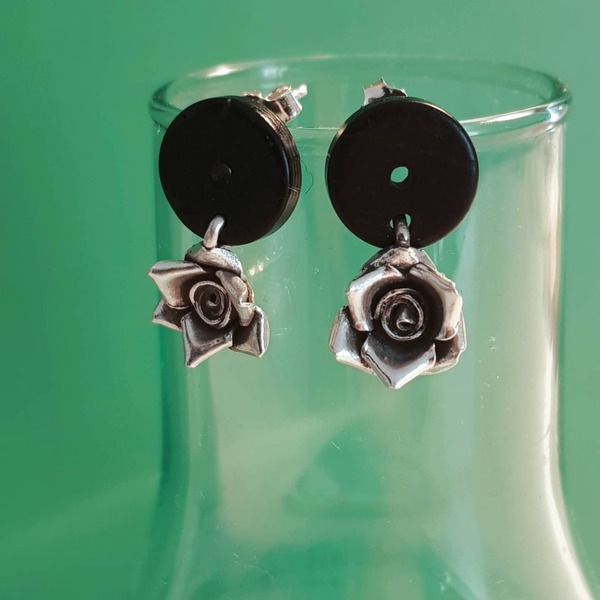 Σκουλαρίκια με ασημενια τριαντάφυλλα - ασήμι, ξύλο, μικρά, κρεμαστά - 2