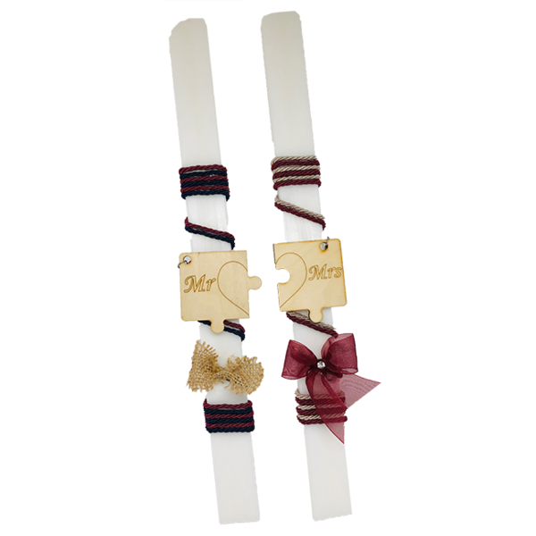 Λαμπάδες Σετ 2τμχ για Ζευγάρια με Ξύλινο Μπρελόκ Παζλ Mr & Mrs σε Λευκό Χρώμα 38cm - λαμπάδες, mr & mrs, ζευγάρια