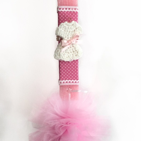 Λαμπάδα με πομπομ και πλεκτό φορεματάκι σε ροζ χρώμα - κορίτσι, λαμπάδες, για παιδιά