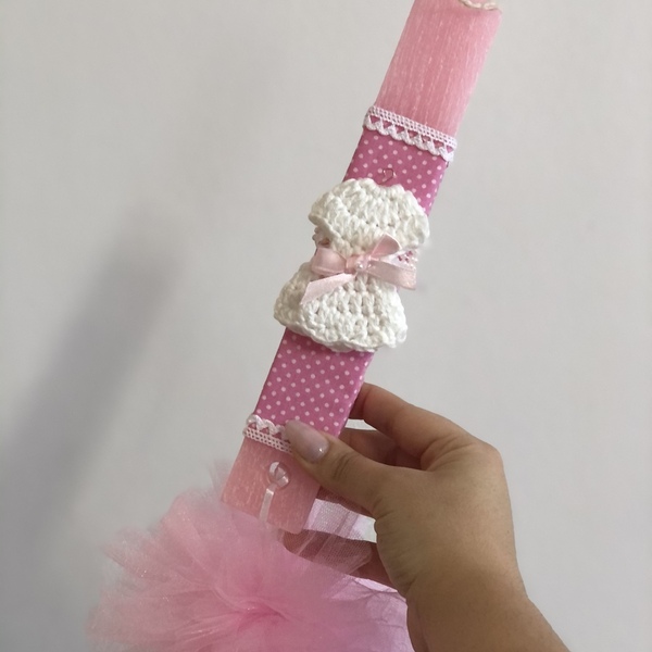 Λαμπάδα με πομπομ και πλεκτό φορεματάκι σε ροζ χρώμα - κορίτσι, λαμπάδες, για παιδιά - 3