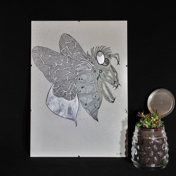 Handrawn ink art.Psychedelic insect - πίνακες & κάδρα, πίνακες ζωγραφικής - 2