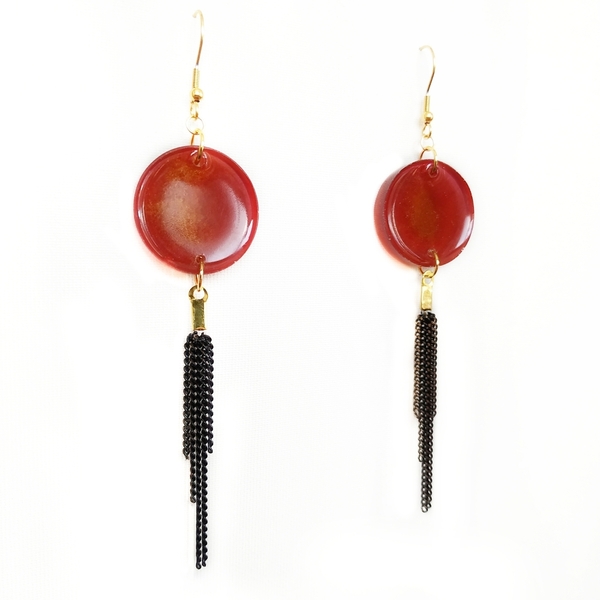 Σκουλαρίκια χειροποίητα "Zen Red" - γυαλί, με φούντες, μακριά, κρεμαστά, μεγάλα