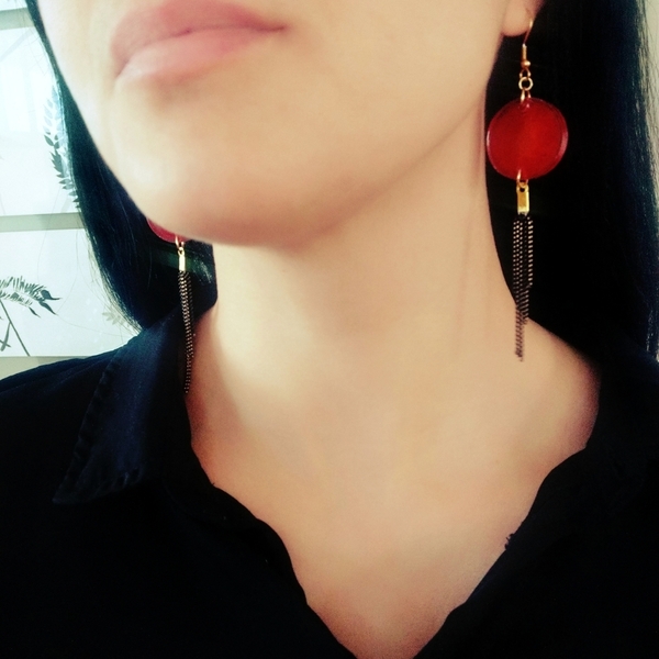Σκουλαρίκια χειροποίητα "Zen Red" - γυαλί, με φούντες, μακριά, κρεμαστά, μεγάλα - 5