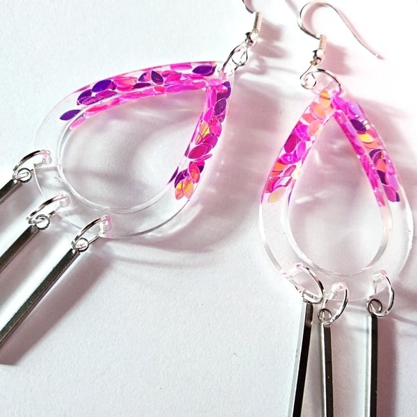 Χειροποίητα σκουλαρίκια υγρο γυαλι διαφανα-ροζ - γυαλί, κρεμαστά, faux bijoux, πολυέλαιοι, φθηνά - 4