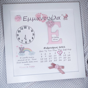 Kαδράκι με στοιχεία γέννησης Ξύλινο 35x35 Θέμα Ελεφαντάκι ροζ, πήλινα λουλούδια, δώρο για νεογέννητο - κορίτσι, αγόρι, δώρο γέννησης, ενθύμια γέννησης - 4