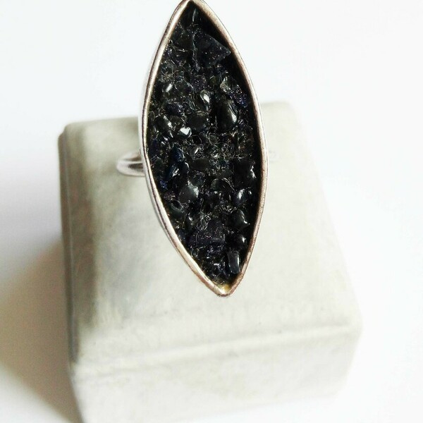 Εντυπωσιακό επάργυρο χειροποίητο δαχτυλίδι με πέτρες από μαύρο Όνυχα - ημιπολύτιμες πέτρες, επάργυρα, μεγάλα, αυξομειούμενα, φθηνά - 2