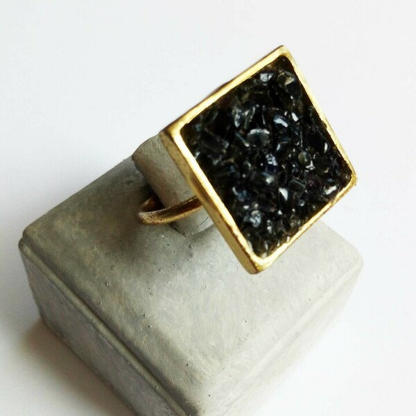 Μπρούντζινο τετράγωνο δαχτυλίδι με πέτρες από μαύρο Όνυχα - ημιπολύτιμες πέτρες, μπρούντζος, μεγάλα, αυξομειούμενα, φθηνά - 3