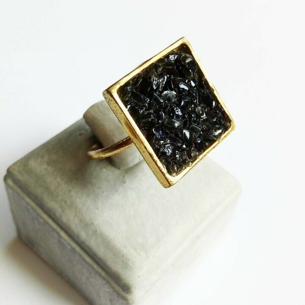 Μπρούντζινο τετράγωνο δαχτυλίδι με πέτρες από μαύρο Όνυχα - ημιπολύτιμες πέτρες, μπρούντζος, μεγάλα, αυξομειούμενα, φθηνά - 4