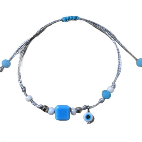 Βραχιόλι με κεραμικό κύβο σε γαλάζιο χρώμα και ματάκι - charms, κεραμικό, κύβος, χεριού, αυξομειούμενα