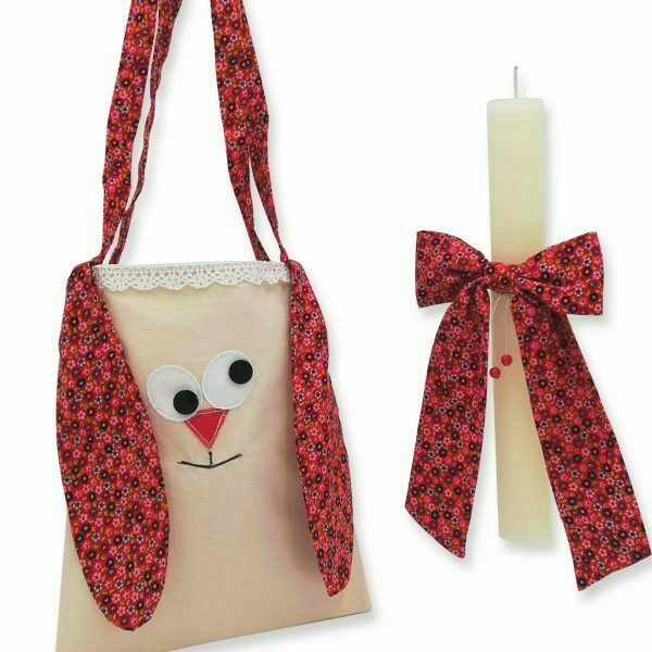 Τσάντα κουνελάκι με κόκκινα λουλουδάκια και ασορτί λαμπάδα - κορίτσι, λαμπάδες, για παιδιά