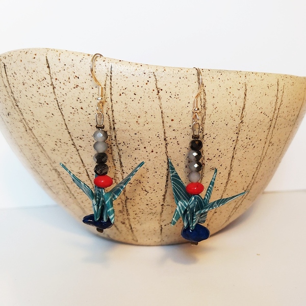 Οριγκάμι σκουλαρίκια σε σχήμα γερανού - χαρτί, πουλάκια, κρεμαστά - 3