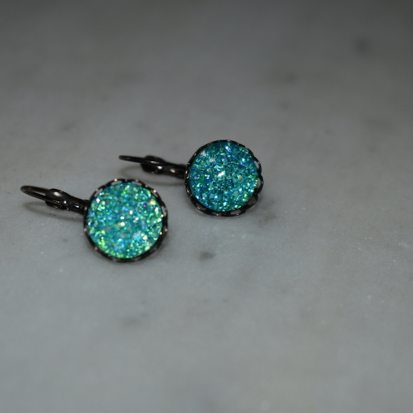 Vintage ιριδίζοντα σκουλαρίκια γαλάζια! - γυαλί, μικρά, κρεμαστά, faux bijoux, φθηνά - 2