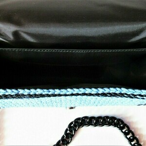 Blue azure with black stripes flap bag - νήμα, ώμου, χειροποίητα, all day, πλεκτές τσάντες - 3