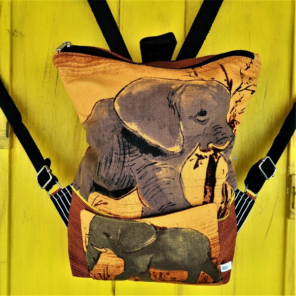 Γυναικεια τσαντα πλατης χειροποιητο backpack απο ύφασμα με ελέφαντες - ύφασμα, πλάτης, σακίδια πλάτης, all day, γιορτή της μητέρας - 4