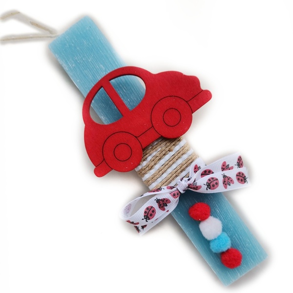 Πασχαλινή λαμπάδα γαλάζια 20cm με ξύλινο κόκκινο αμαξάκι - αγόρι, λαμπάδες, αυτοκινητάκια, για μωρά