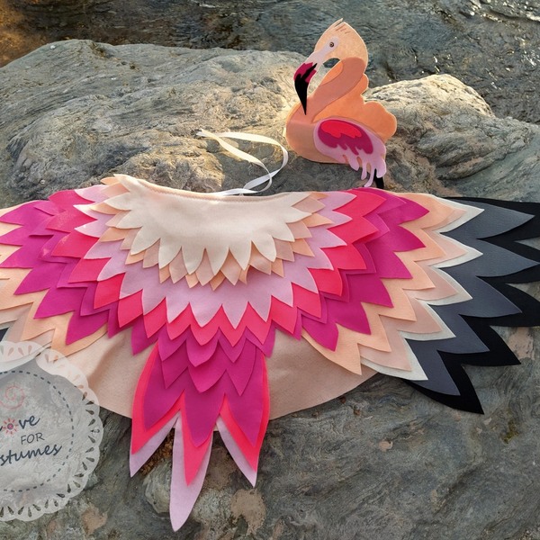 Halloween Φλαμίνγκο χειροποιητη καπα φτερων με κορωνα, διαμέτρου 90cm - φτερό, τσόχα - 2