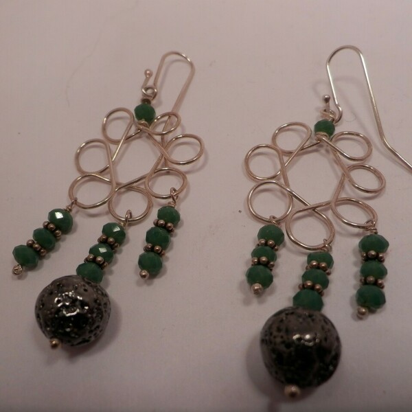 Ασημενια σκουλαρικια με πρασινα swarovski - ασήμι, κρεμαστά, μεγάλα - 2