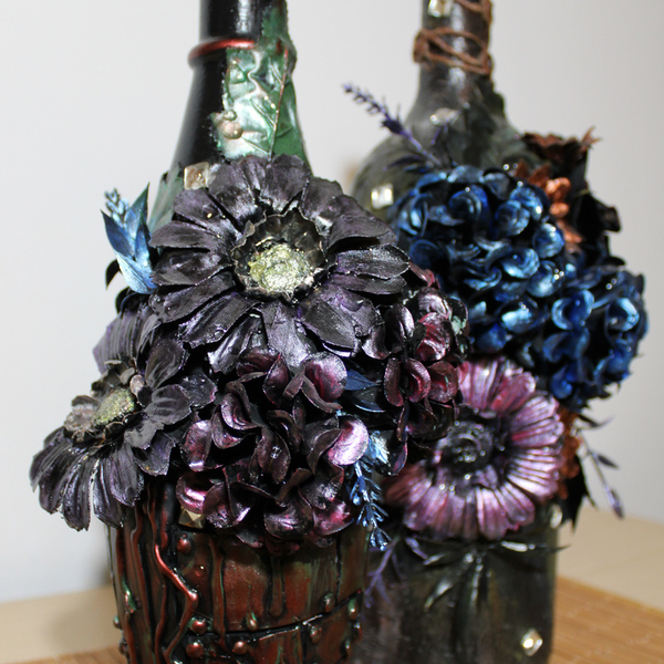 Διακοσμητικό Μπουκάλι με λουλούδια σε βαρέλι - γυαλί, χαρτί, φελτ, διακοσμητικά μπουκάλια - 3
