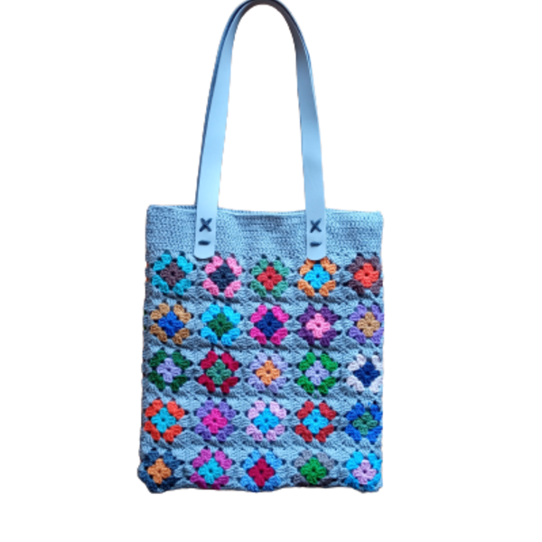 Τσάντα πλεκτή γκρί λουλουδάκια πολύχρωμα δερμάτινα χερούλια - ώμου, φλοράλ, all day, tote, πλεκτές τσάντες