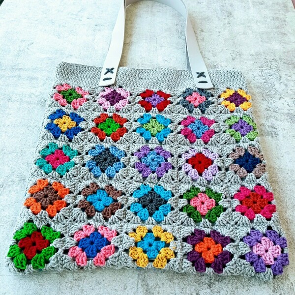 Τσάντα πλεκτή γκρί λουλουδάκια πολύχρωμα δερμάτινα χερούλια - ώμου, φλοράλ, all day, tote, πλεκτές τσάντες - 3