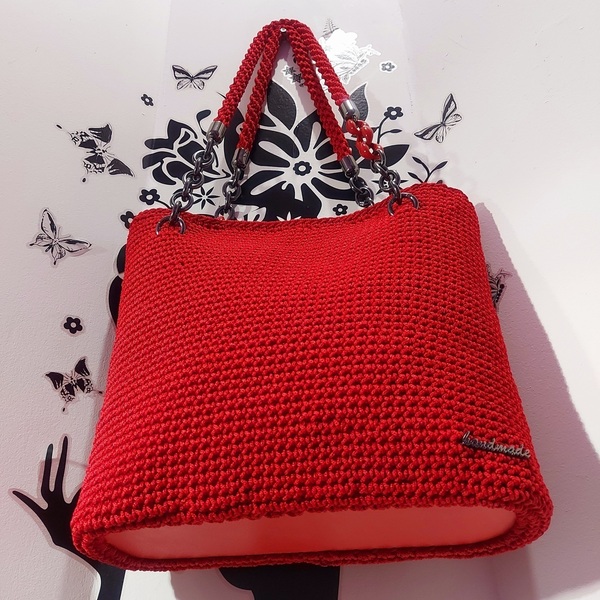 Κόκκινη τσάντα πλεκτή-Αντίγραφο - ώμου, μεγάλες, all day, πλεκτές τσάντες - 5