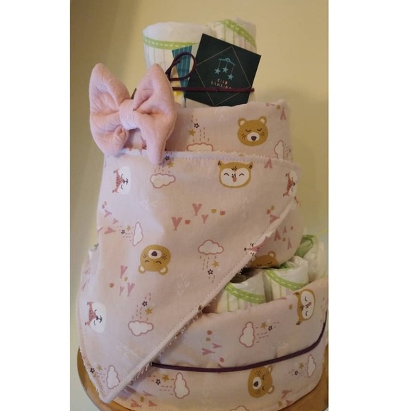Diaper Cake - τουρτοπάνα για κορίτσι με θέμα ζωάκια - κορίτσι, αγόρι, 0-3 μηνών, diaper cake, σαλιάρες μπαντάνες