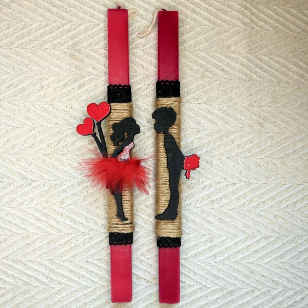 Διπλή λαμπάδα κόκκινη με ξύλινο ζευγάρι μαγνητάκια 30 εκατοστά - κορίτσι, αγόρι, λαμπάδες, ζευγάρια - 3