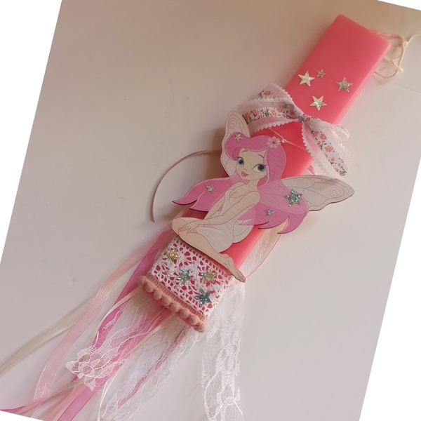 Χειροποίητη ροζ αρωματική λαμπάδα 25 cm x4.5 cm με μικρή νεράιδα - κορίτσι, λαμπάδες, για παιδιά, για εφήβους, πασχαλινά δώρα - 2