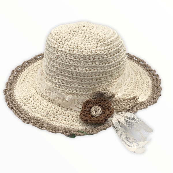 Χειροποίητο πλεκτό ιβουάρ καπέλο με δαντέλα και καφέ λουλούδια - νήμα, απαραίτητα καλοκαιρινά αξεσουάρ - 5
