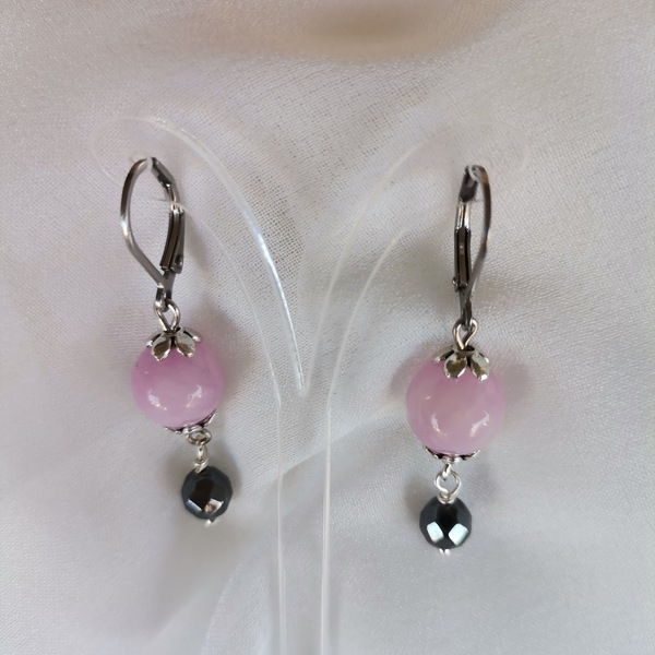 Σκουλαρίκια με ροζ νεφρίτη - ημιπολύτιμες πέτρες, ατσάλι, κρεμαστά - 2