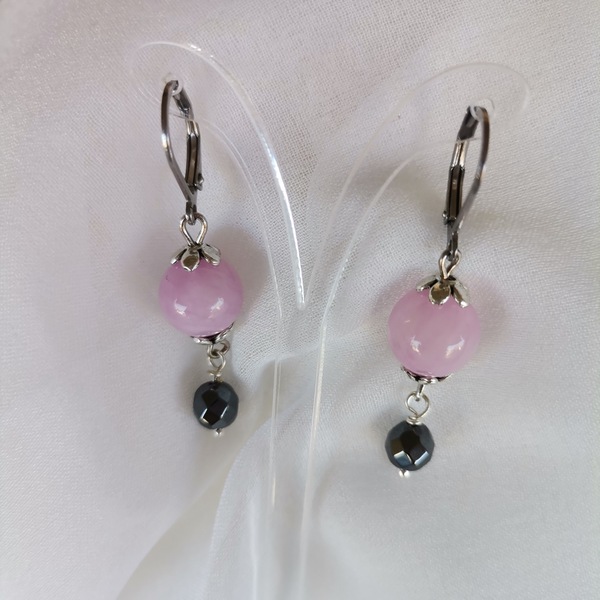Σκουλαρίκια με ροζ νεφρίτη - ημιπολύτιμες πέτρες, ατσάλι, κρεμαστά - 4