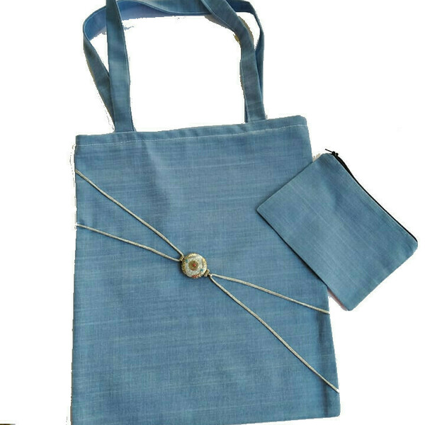 Γαλάζια Τσάντα για Ψώνια, Βαμβακερή με ασορτί πορτοφολάκι - ύφασμα, ώμου, tote, πάνινες τσάντες