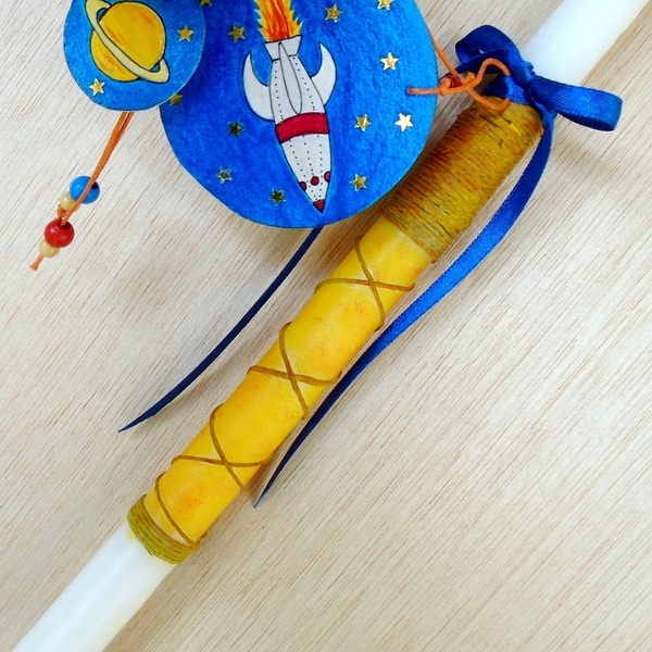 Λαμπάδα χειροποίητη, με σελιδοδείκτη, πύραυλο, αστέρια και πλανήτες. 40cm - αγόρι, λαμπάδες, για παιδιά, για εφήβους, πύραυλοι - 3