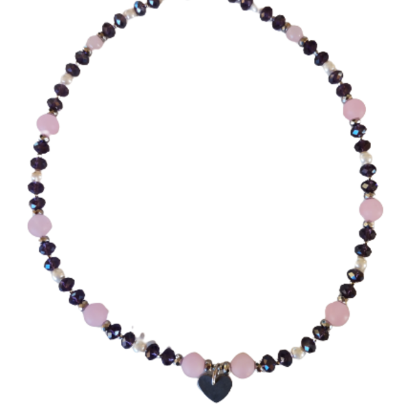 Κολιέ με ροζ νεφρίτη, ροζ quartz και κρύσταλλα - ημιπολύτιμες πέτρες, καρδιά, κοντά