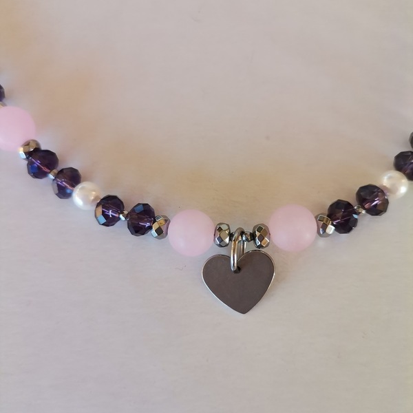 Κολιέ με ροζ νεφρίτη, ροζ quartz και κρύσταλλα - ημιπολύτιμες πέτρες, καρδιά, κοντά - 2
