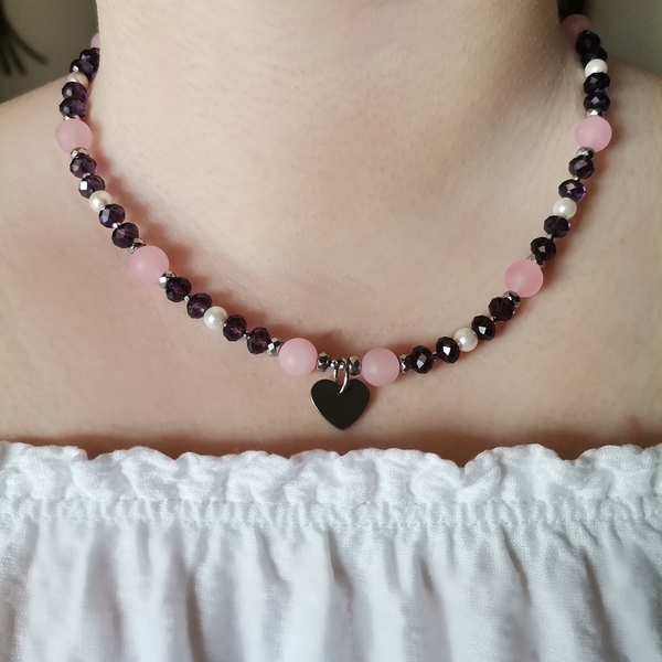 Κολιέ με ροζ νεφρίτη, ροζ quartz και κρύσταλλα - ημιπολύτιμες πέτρες, καρδιά, κοντά - 5