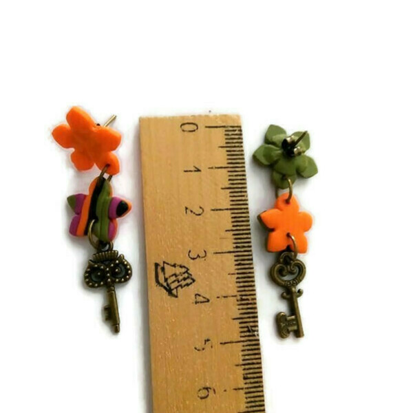 Χειροποίητα Καρφωτά Σκουλαρίκια από πολυμερικό πηλο...μοναδικο σχεδιο με λουλουδια+Μεταλλικά Στοιχεία - πηλός, μακριά, λουλούδι, κρεμαστά, μεγάλα - 2