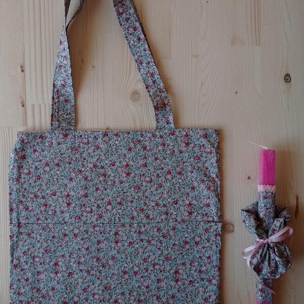 Πασχαλινή λαμπάδα με φλοραλ μικρά λουλουδάκια ροζ tote τσάντα και scrunchies για τα μαλλιά - κορίτσι, λαμπάδες, για ενήλικες, για εφήβους - 2