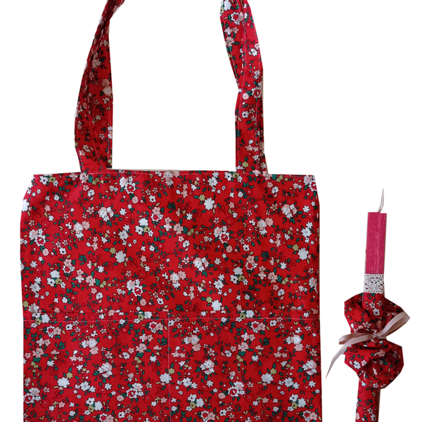 Πασχαλινή λαμπάδα με φλοραλ κόκκινη tote τσάντα και scrunchies για τα μαλλιά - κορίτσι, λαμπάδες, για ενήλικες, για εφήβους