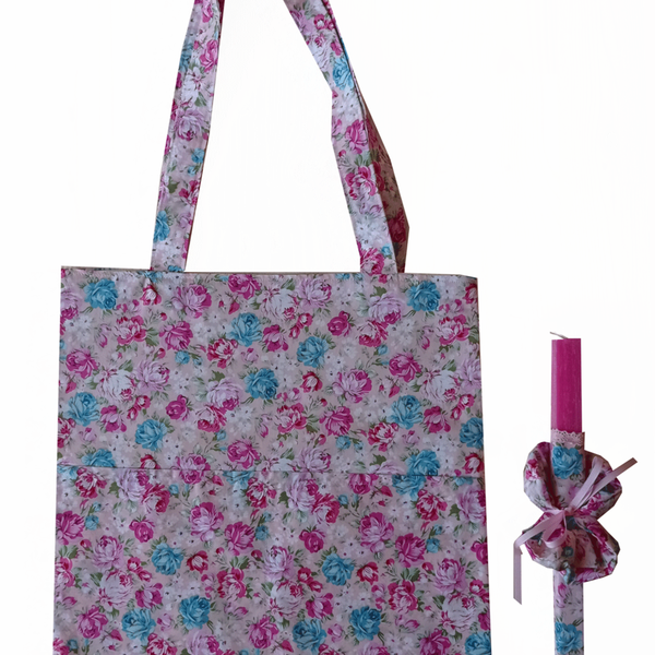 Πασχαλινή λαμπάδα με φλοραλ ροζ-γαλάζια tote τσάντα και scrunchies για τα μαλλιά - κορίτσι, λαμπάδες, για ενήλικες, για εφήβους