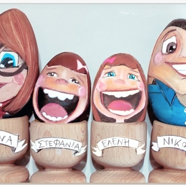 Τετραμελής οικογένεια ξύλινων αυγών ζωγραφισμένων στο χερι - διακοσμητικά, προσωποποιημένα