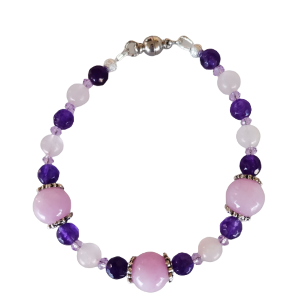 Βραχιόλι με ροζ quartz και μωβ νεφρίτη - ημιπολύτιμες πέτρες, σταθερά, χεριού