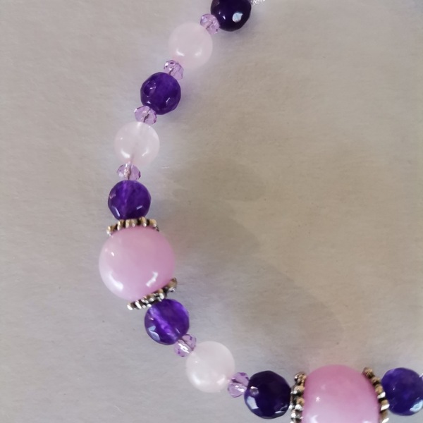 Βραχιόλι με ροζ quartz και μωβ νεφρίτη - ημιπολύτιμες πέτρες, σταθερά, χεριού - 4
